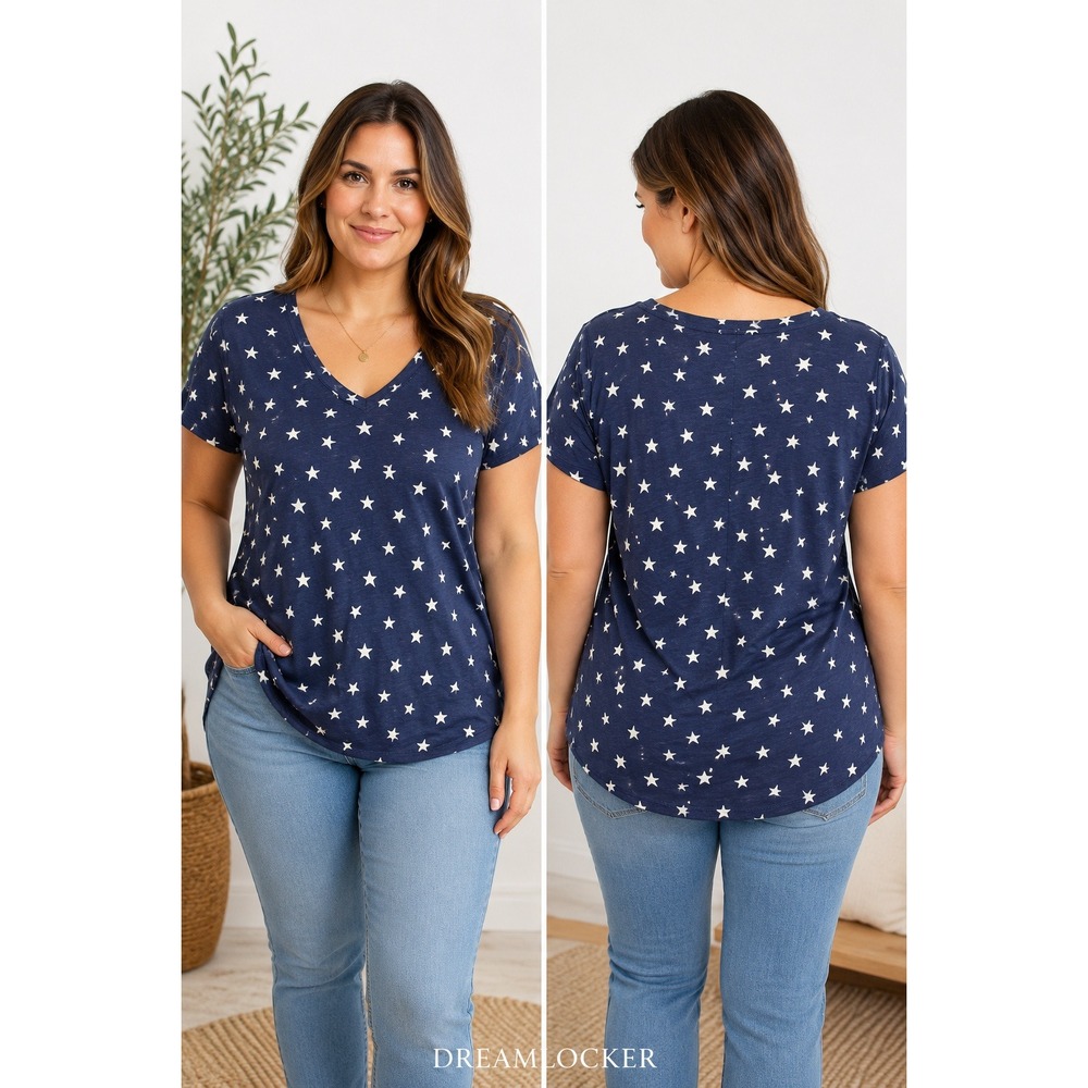 Cynthia Rowley Womens 1X Navy Blue Star Print V-Neck Cotton T-Shirt Slub Knit